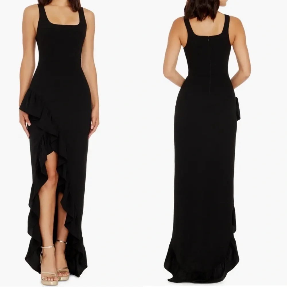 anthropologie dress the population charlene square neck ruffle side-slit gown xs